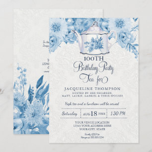 Birthday Tee Party Dusty Blue White Floral Teapot Einladung