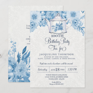 Birthday Tee Party Dusty Blue White Floral Teapot Einladung