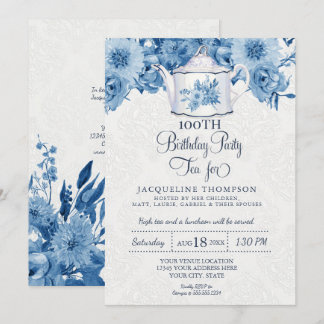 Birthday Tee Party Navy Blue White Floral Einladung