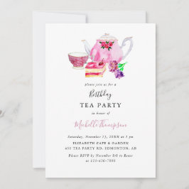 Birthday Tee Party Pink Teapot Script Wasserfarbe  Einladung