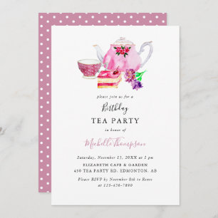 Birthday Tee Party Pink Teapot Script Wasserfarbe Einladung