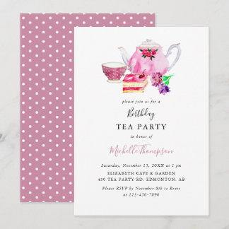 Birthday Tee Party Pink Teapot Script Wasserfarbe Einladung
