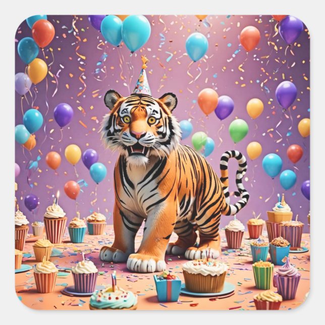 Birthday Tiger Quadratischer Aufkleber (Vorderseite)