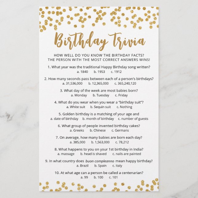 Birthday Trivia Spiel mit Antworten Geburtstagspar (Vorderseite)