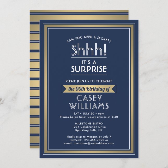 Birthday Überraschung Party Shhh! Navy Blue und Go Einladung (Vorne/Hinten)