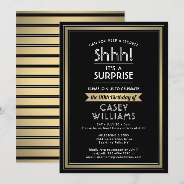 Birthday Überraschung Party Shhh! Schwarz, Weiß un Einladung (Vorne/Hinten)