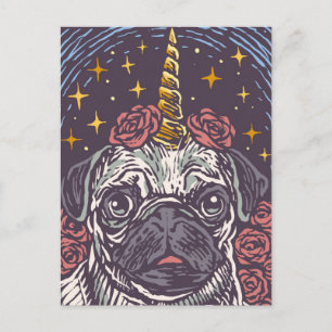Birthday Unicorn Mops Postkarte