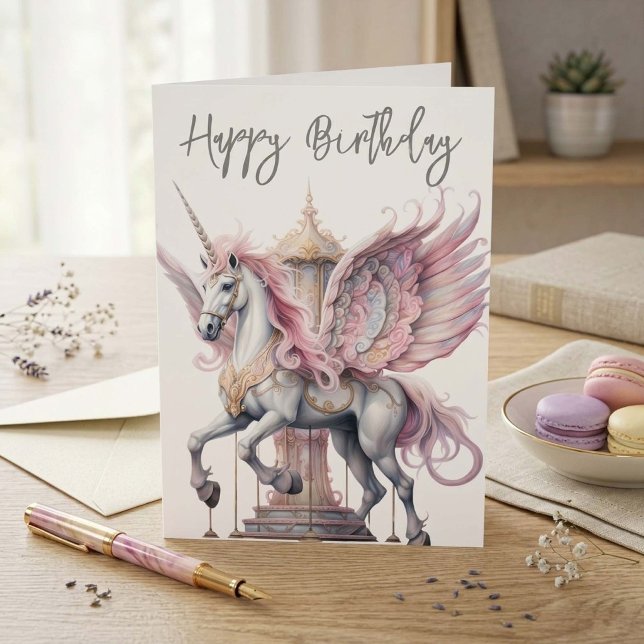 Birthday Unicorn Pegasus Karousel Pferd Rosa Karte (Von Creator hochgeladen)