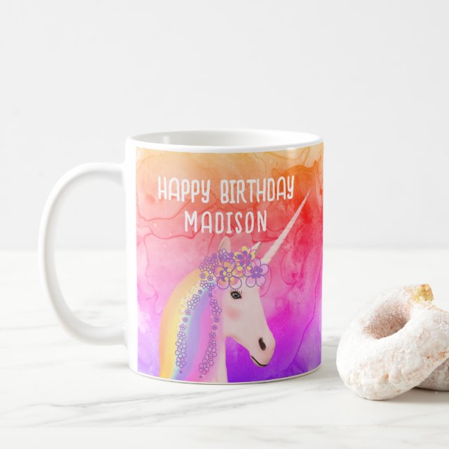 Birthday Unicorn Regenbogen Wasserfarbe Personalis Kaffeetasse (Mit Donut)