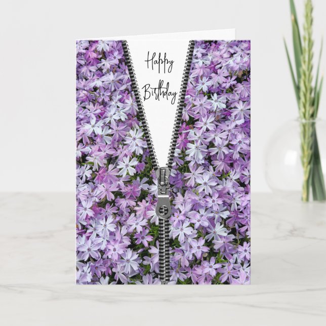 Birthday Unzipped Zipper auf Lila Phlox Karte (Vorderseite)