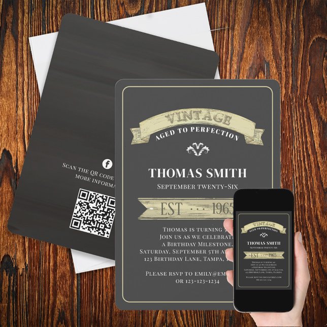 Birthday Vintag Gold Banner Einfaches QR-Zeichen Einladung (Von Creator hochgeladen)