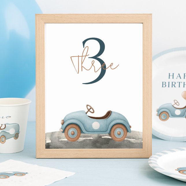 Birthday Watercolor Blue Car Tischnummer (Von Creator hochgeladen)
