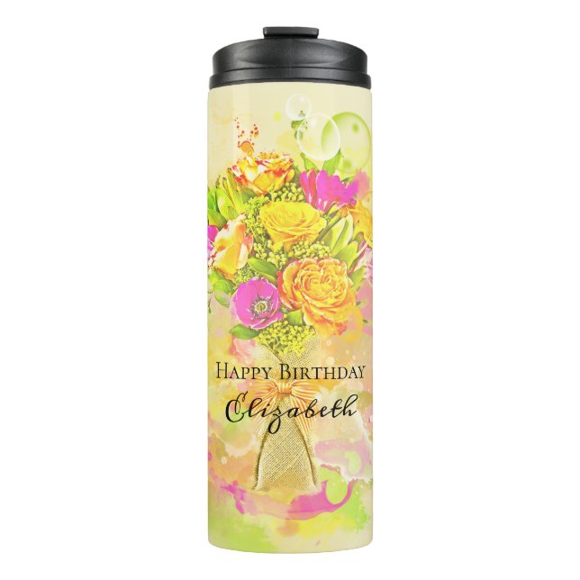 Birthday Watercolor Blume Bouquet Thermosbecher (Vorderseite)