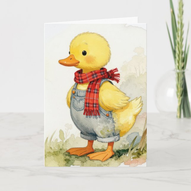 Birthday Watercolor Duck In Overalls Karte (Vorderseite)