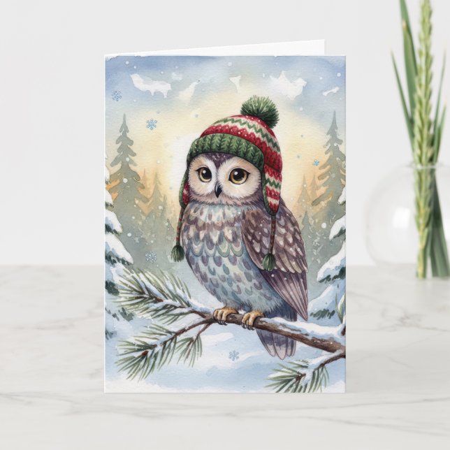 Birthday Watercolor Owl In Winter Hat Karte (Vorderseite)