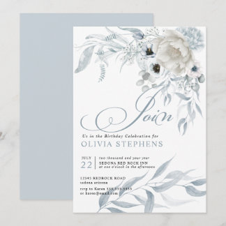 Birthday Watercolor Pale Dusty Blue Floral Einladung