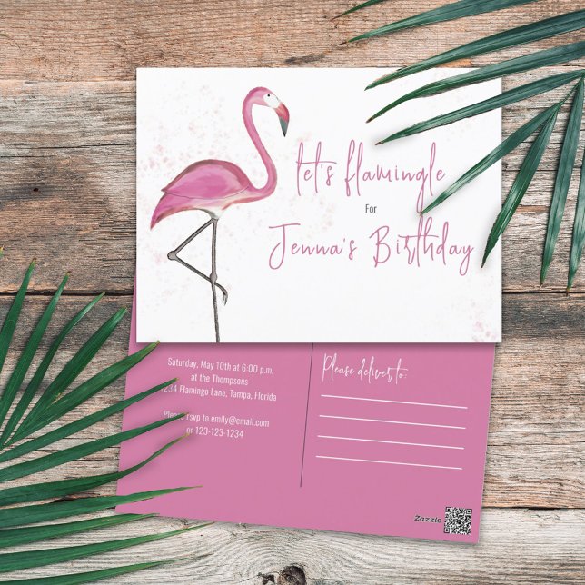 Birthday Watercolor Pink Let's Flamingle Postkarte (Von Creator hochgeladen)