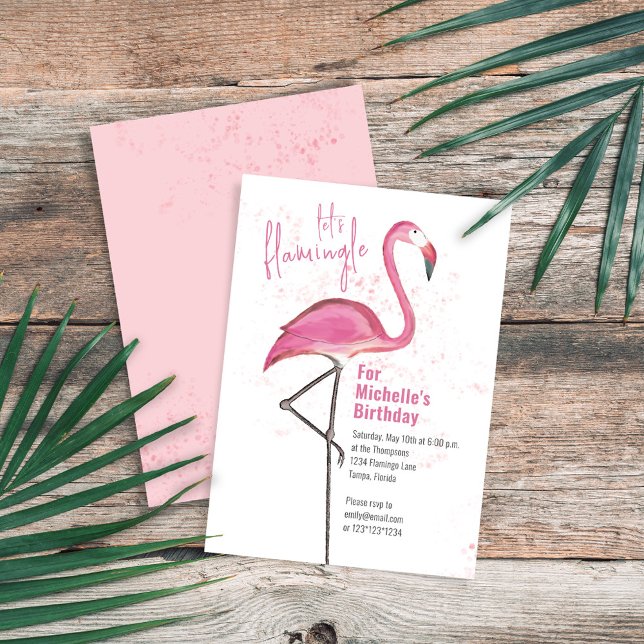 Birthday Watercolor Pink Tropical Beach Flamingo Einladung (Birthday pink flamingo invitation with "let's Flamingle" wording. )