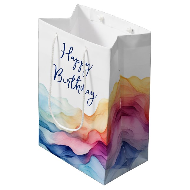 Birthday Watercolor Rainbow Waves Mittlere Geschenktüte (Vorderseite Schrägansicht)