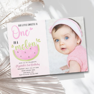 Birthday watermelon Girl one in a melon with photo Einladung