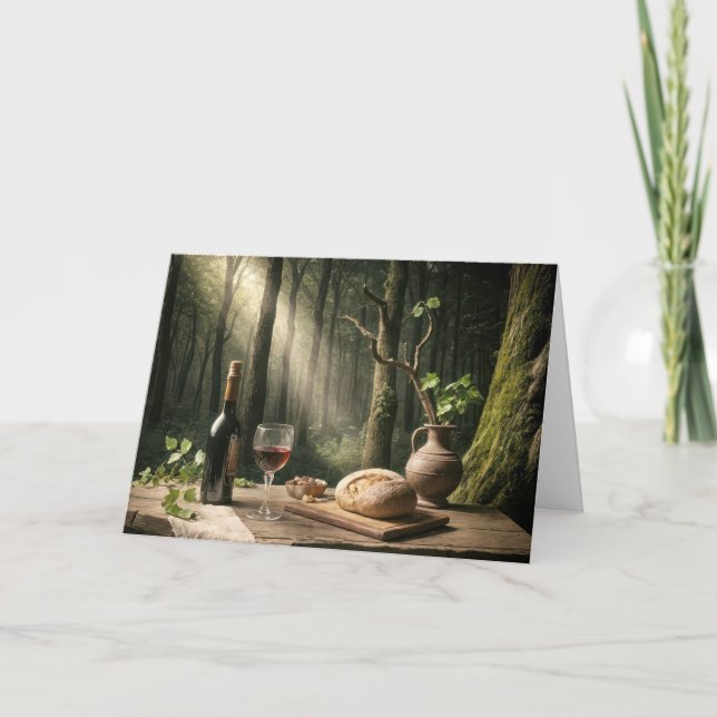 Birthday Wein und Brot Loaf auf einem Waldtisch Karte (Vorderseite)