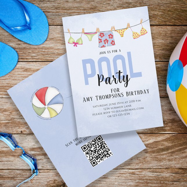 Birthday Whimsical Pool Party Swimsuits QR Code Einladung (Von Creator hochgeladen)