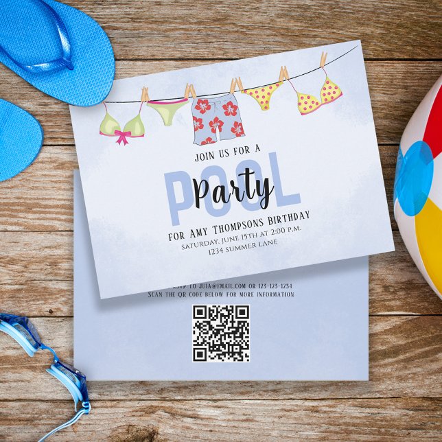 Birthday Whimsical Pool Party Swimsuits QR Code Einladung (Von Creator hochgeladen)