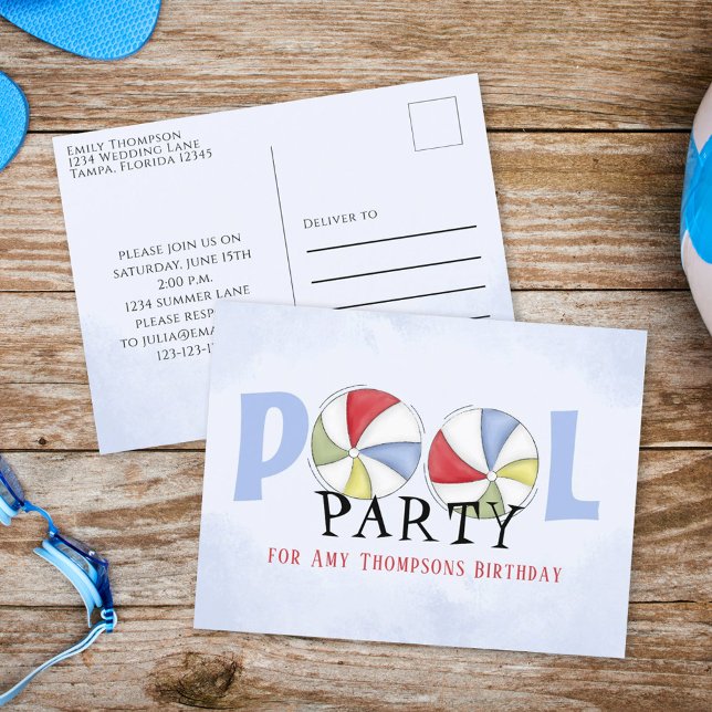Birthday Whimsical Summer Pool Party Beach Balls Postkarte (Von Creator hochgeladen)