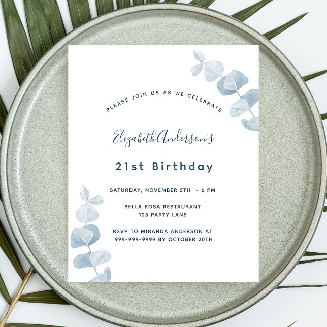 Birthday white blue eucalyptus budget ausschreibun flyer (Von Creator hochgeladen)