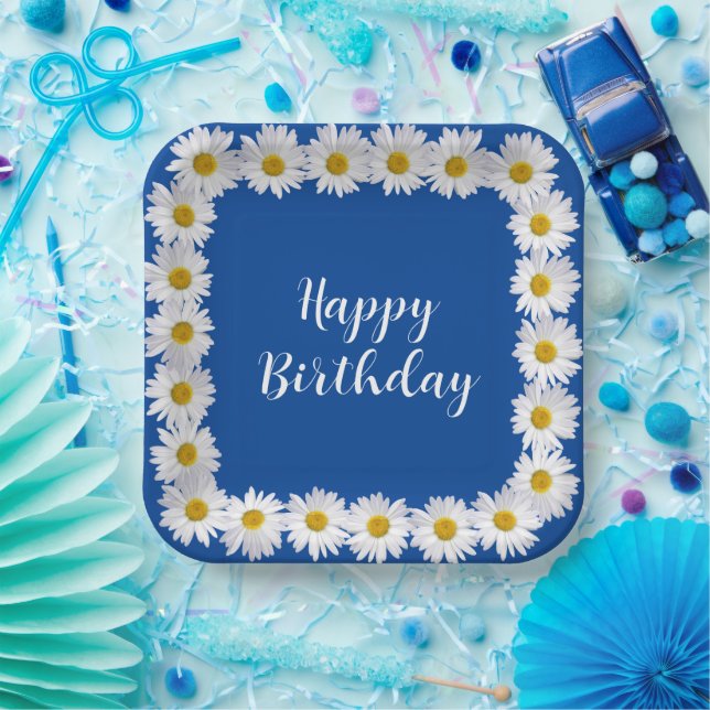 Birthday White Daisy Border on Blue Pappteller (Party)