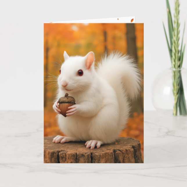 Birthday White Eichhörnchen Holding an Acorn Karte (Vorderseite)