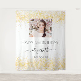 Birthday White Gold Glitzer Foto Name willkommen Wandteppich