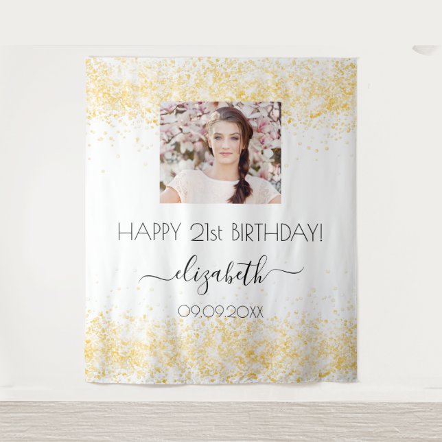 Birthday White Gold Glitzer Foto Name willkommen Wandteppich (Vorderseite)