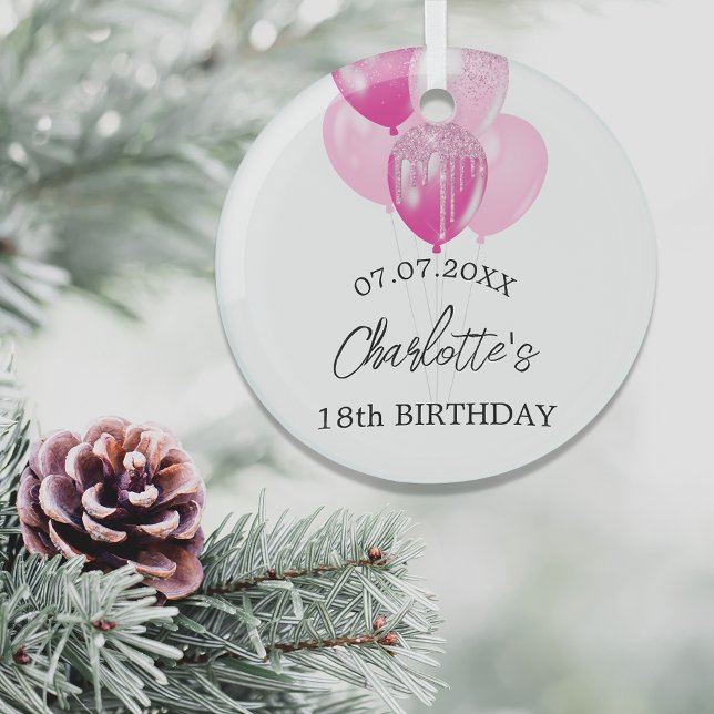 Birthday White Pink Ballloons Name Ornament Aus Glas (Von Creator hochgeladen)