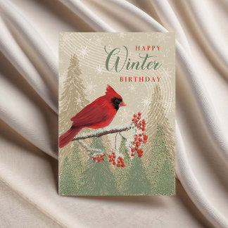 Birthday Winter Trees Berries and Cardinal Karte