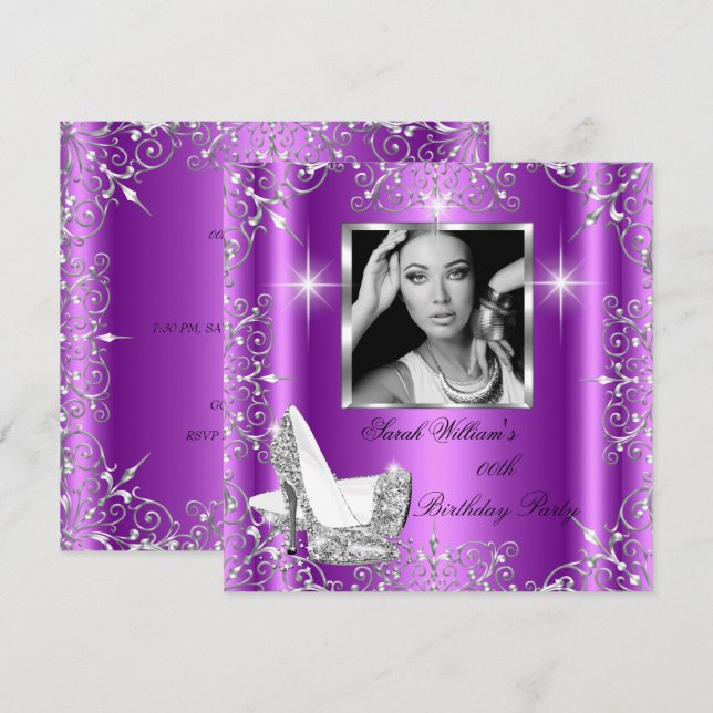 Birthday Women's Magenta Silver Heelse Foto Einladung (Vorne/Hinten)