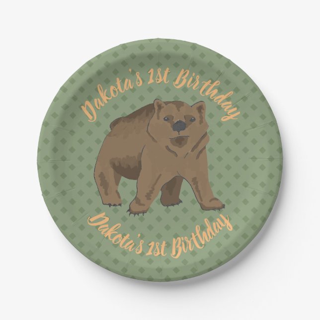 Birthday Woodland Brown Bear Cube Pappteller (Vorderseite)