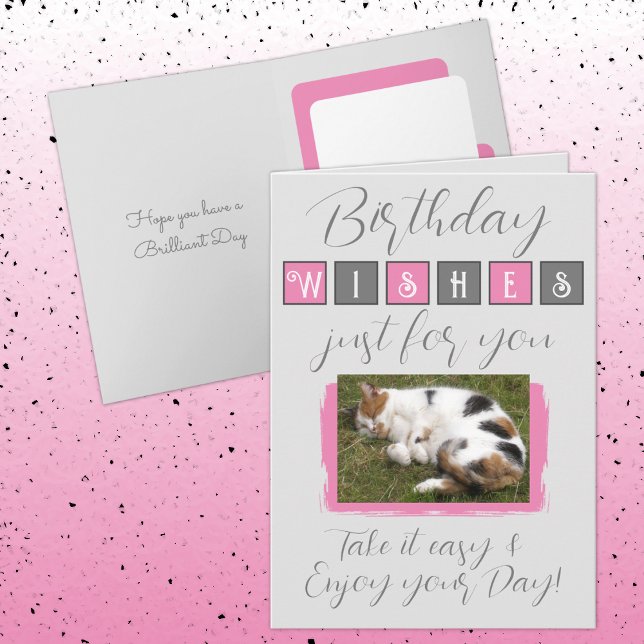 Birthday wünscht Katze Foto rosa grau pink hinzufü Karte (Von Creator hochgeladen)