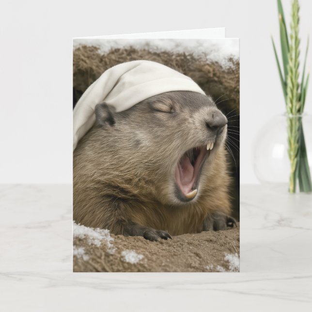 Birthday Yawning Groundhog Wearing a Nightcap Karte (Vorderseite)