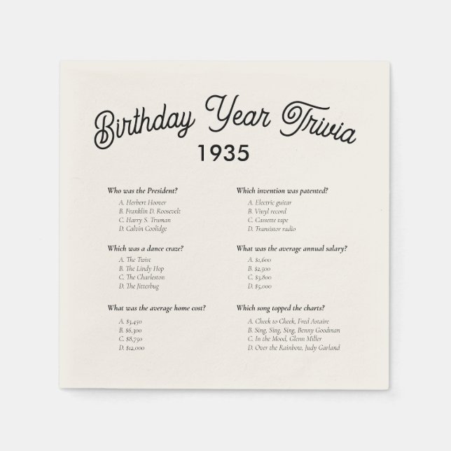 Birthday Year Trivia Game Party Napkins Serviette (Vorderseite)