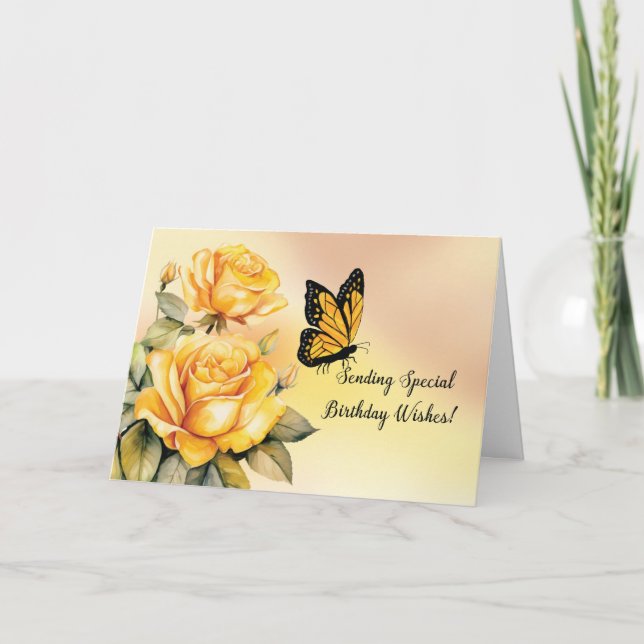 Birthday Yellow Roses mit Monarch Butterfly Karte (Vorderseite)