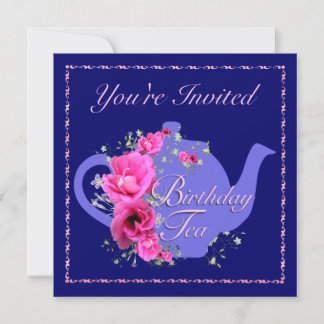 Birthdayl Tea Einladungen Teapot und rosa Blume