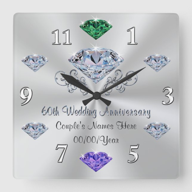 Birthstone 60. Hochzeitstag Geschenkideen Quadratische Wanduhr (Vorderseite)