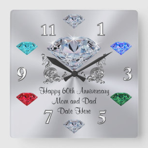 Birthstone Diamond Anniversary Clock for Eltern Quadratische Wanduhr
