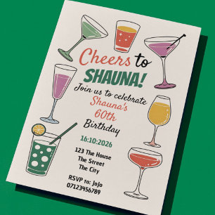 Bis 60! Farbenfrohe Cocktail-Thema 60. Geburtstag Einladung