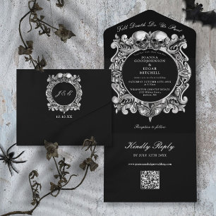 Bis dass der Tod die Gothic-Schädel QR-Code Hochze All In One Einladung