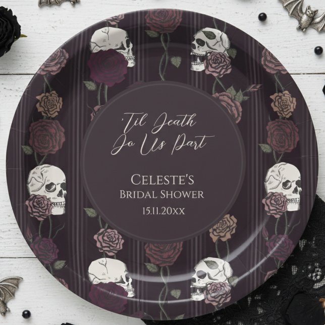 Bis dass der Tod uns scheidet - Gothic-Totenkopf-  Pappteller (Dark Burgundy Floral Skull 'Til Death Do Us Part Gothic Bridal Shower Paper Plates for Hallowedding)