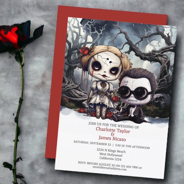 Bis der Tod machen wir Teil Braut und Gräuel Einladung (Till death us do part Bride and Groom Invitations from Ricaso. Featuring two spooky dolls)