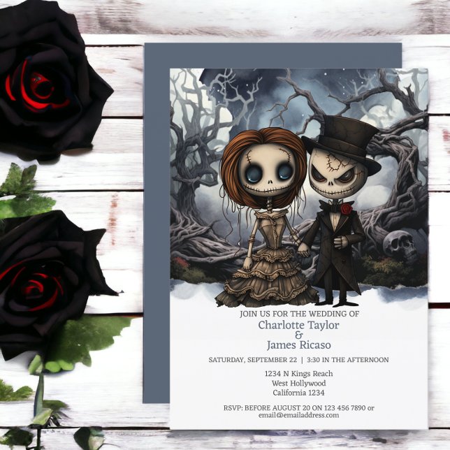 Bis der Tod machen wir Teil Braut und Gräuel Einladung (Till death us do part Bride and Groom Invitations from Ricaso. 

Gothic themed wedding invites)