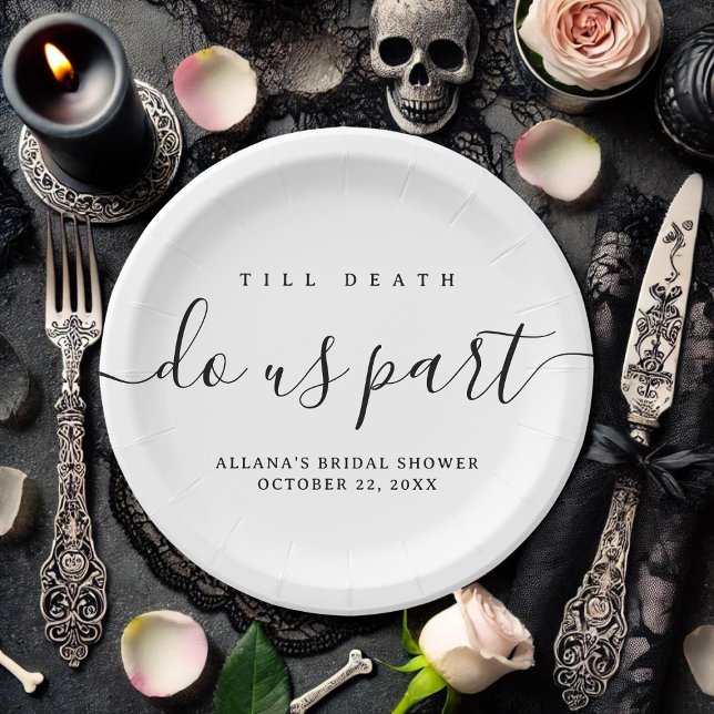 Bis der Tod uns Teil Schwarz und Weiß Pappteller (Till Death Do Us Part paper plate on gothic bridal shower table)